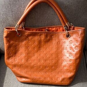 Embossed Lancel Paris Rust Designer Leather Tote Handbag with Double Handles